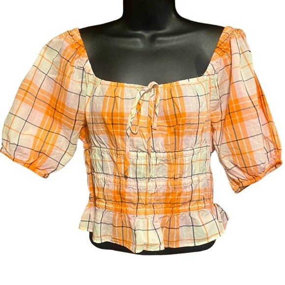 NWT Abound Adley orange & white plaid Juniors Puff Sleeve Crop Top  Medium - Picture 1 of 8